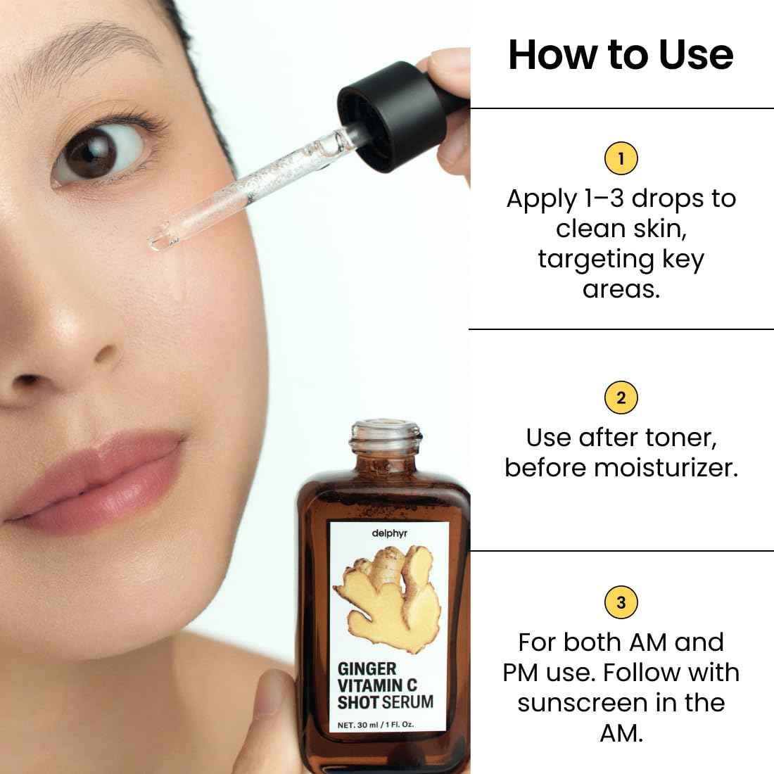 delphyr Ginger Vitamin C Shot Serum | Daily serum with Ginger Extract & Vitamin C | Targets dark spots and dullness | Korean vegan skincare for all skin types