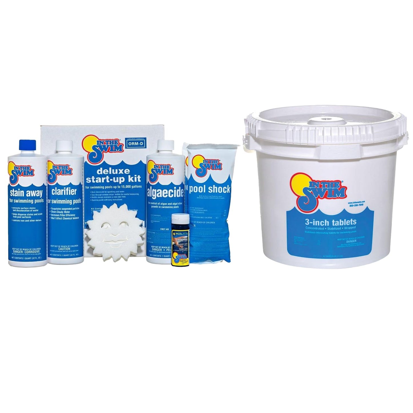 In The Swim Opening Kit and Chlorine Bundle - Pre-Measured Opening Kit for Easy Use - 25 Pound Bucket of 3-Inch Stabilized Chlorine Tablets - Inground and above Ground Pools Up to 15,000 Gallons