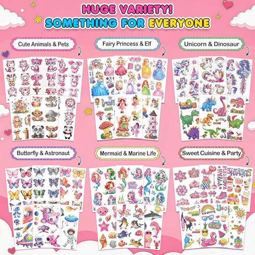 36 Sheet Glitter Temporary Tattoos for Kids, 240 Designs