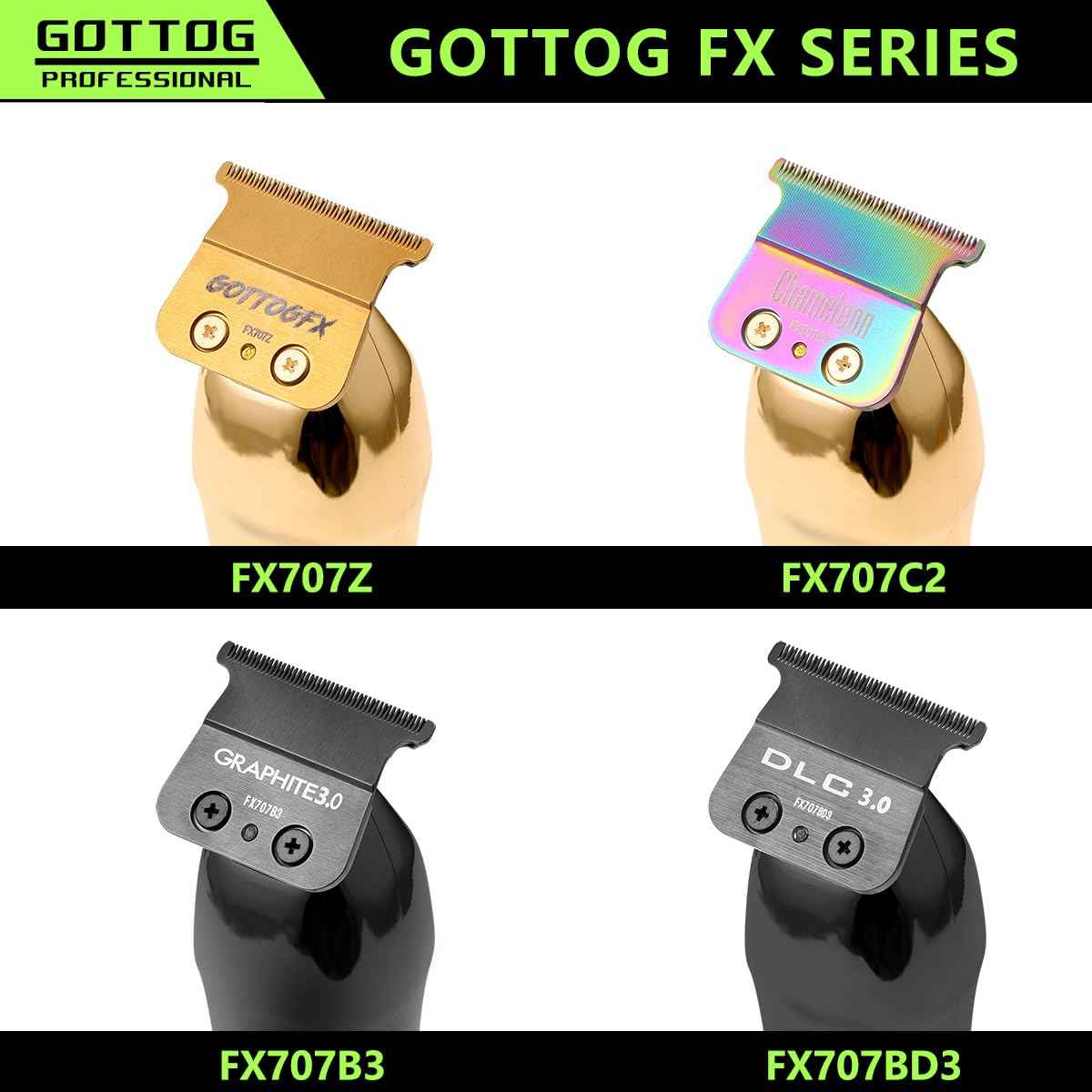 GOTTOG FX707C2 Replacement Blades for All FX787 & FX726 Trimmers, GOTTOG Zero-Gapped Replacement Blades Compatible with Barberology Trimmer Blades (FX707C2) - Mulitcolor
