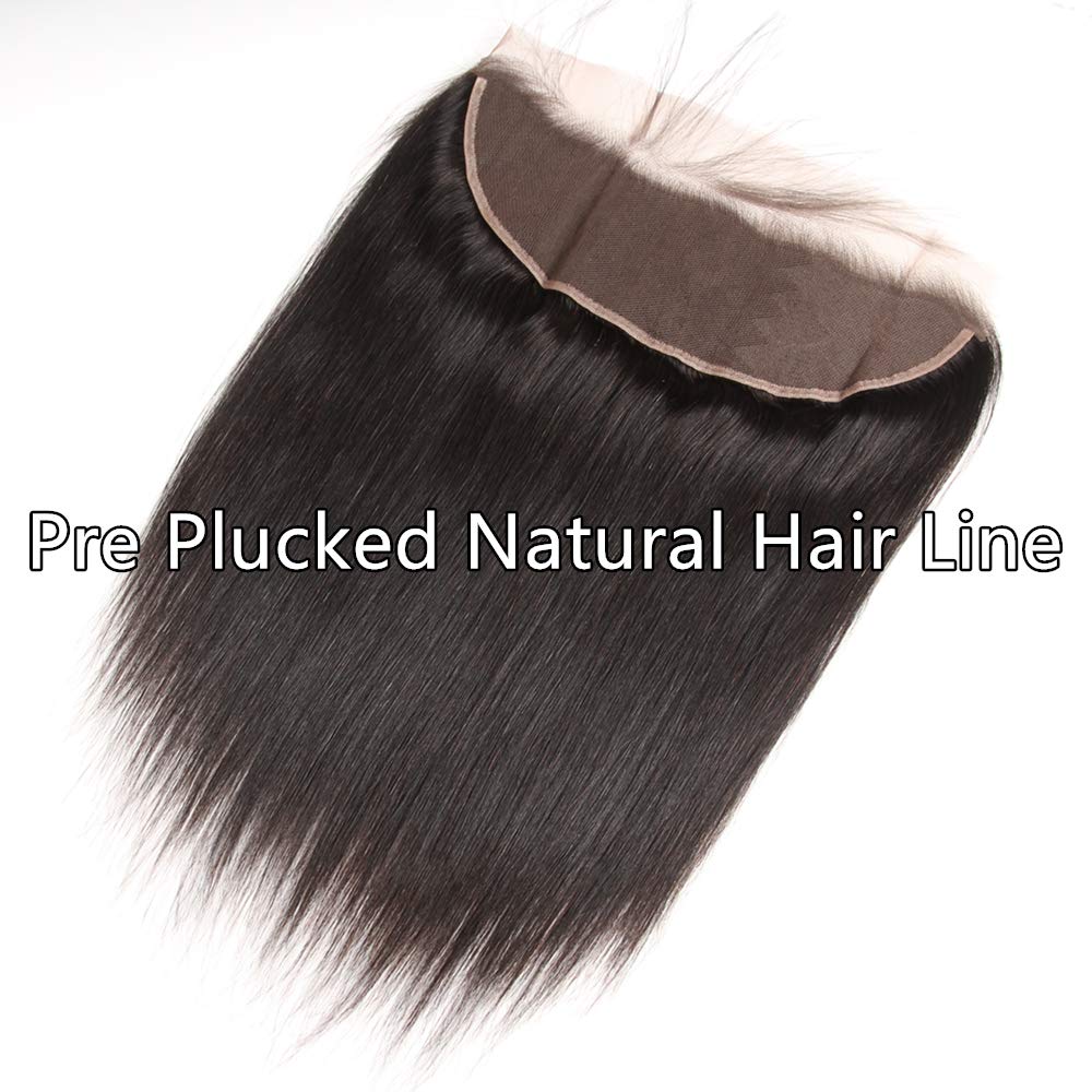 Lace Frontal Closure 13 x 4 Human Hair Straight Wave Pre Plucked Ear To Ear Lace Frontals With Bangs Baby Hair Knots Can Be Bleached (12", Light-brown Lace)