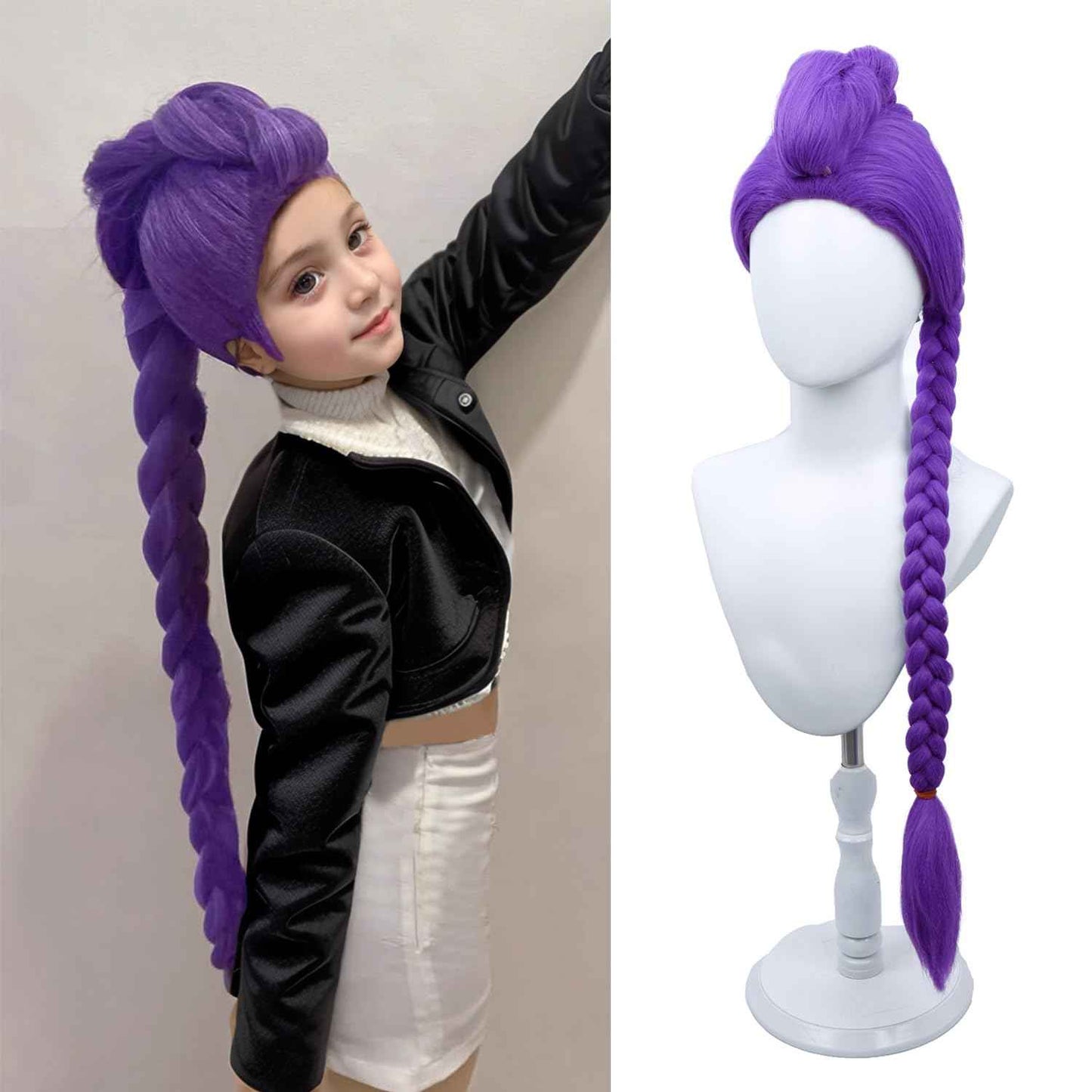 Edivd Girls Purple Wig Kids Long Purple Straight Pigtail Wig Heat Resistant Synthetic Wigs with Wigs Cap