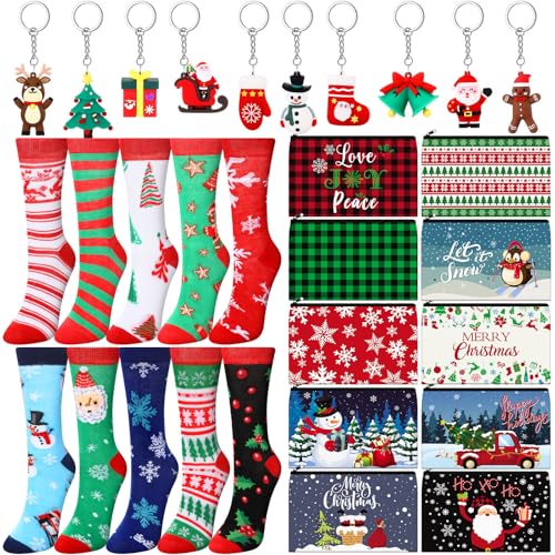 30 Pieces Christmas Gift Bulk for Women Merry Christmas Makeup Bags and Xmas Pendant Ornament Keychains Santa Socks Plaid Cosmetics Bag Snowman Goodie Bags Xmas Gnome Socks