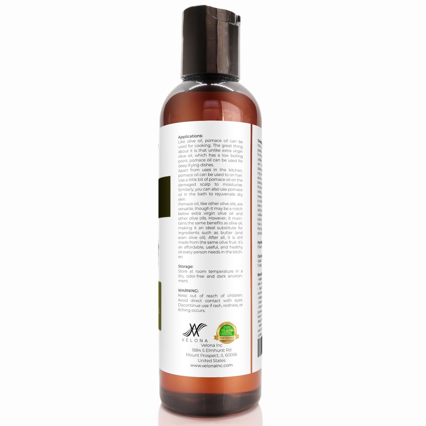 velona Olive Pomace Oil 4 Fl Oz | 100% Pure and Natural Carrier Oil | Refined, Cold pressed | Cooking, Skin, Hair, Body & Face Moisturizing | Use Today - Enjoy Results