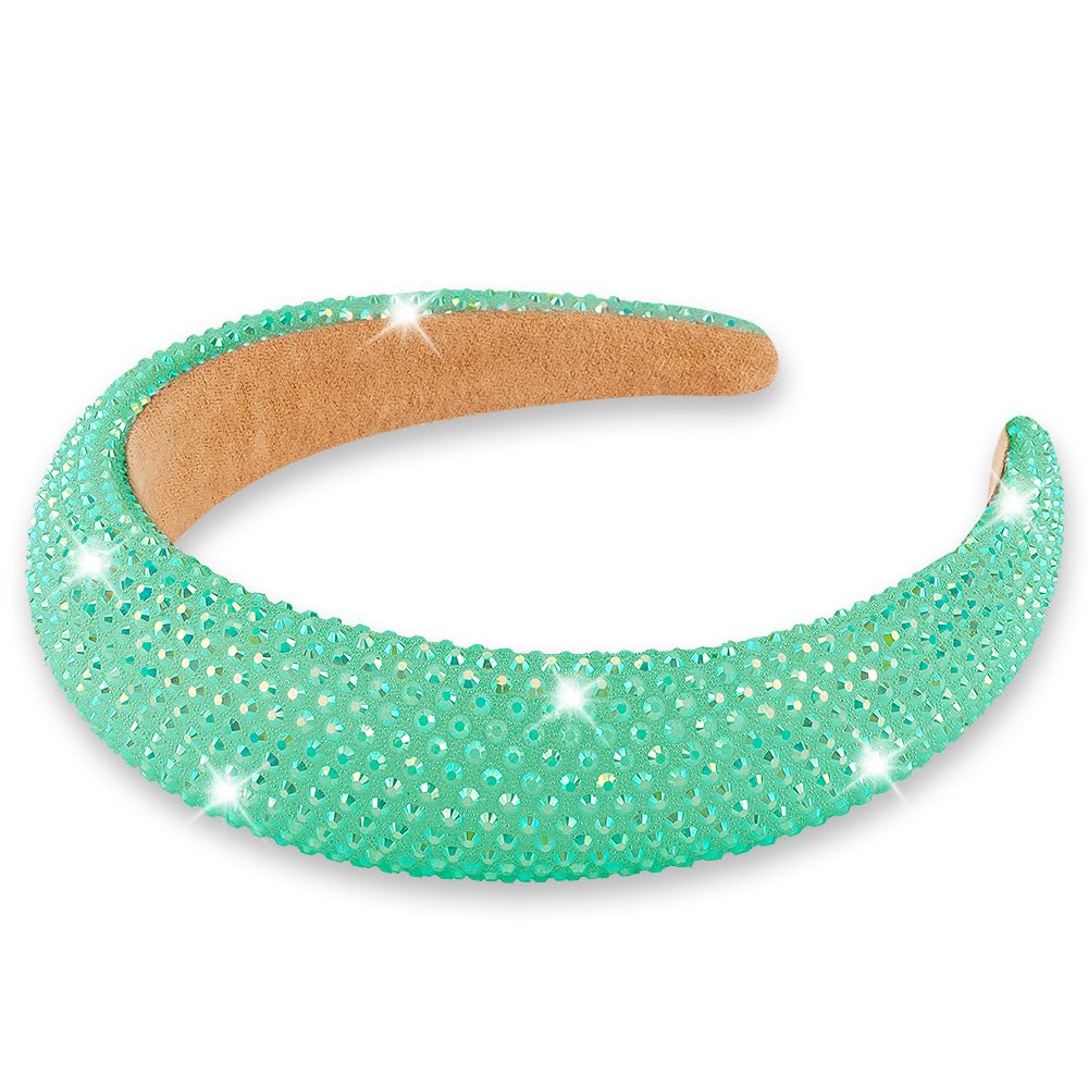 AHONEY Glitter Headbands Rhinestone Headband for Women Girls Padded Embellished Head Band Bling Sparkly Wide Headpieces Disco Headband Birthday Party Hair Accessories (Green)