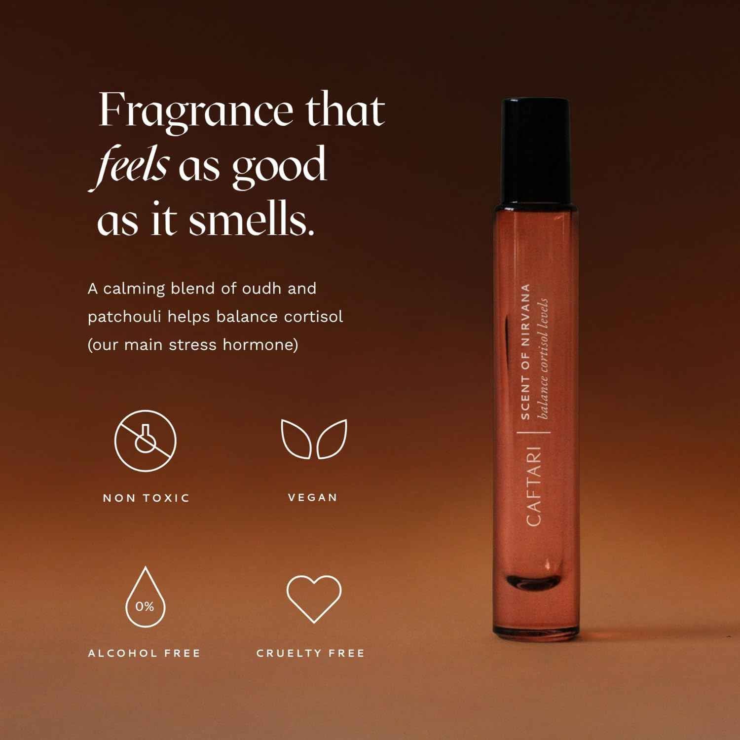 Caftari Luxury Perfume Oil Rollerball | Oudh, Cedarwood & Patchouli | Long Lasting, Travel Size | Clean Jojoba Oil | Stress Relief, Unisex Wellness Fragrance | Scent of Nirvana | 10 ml