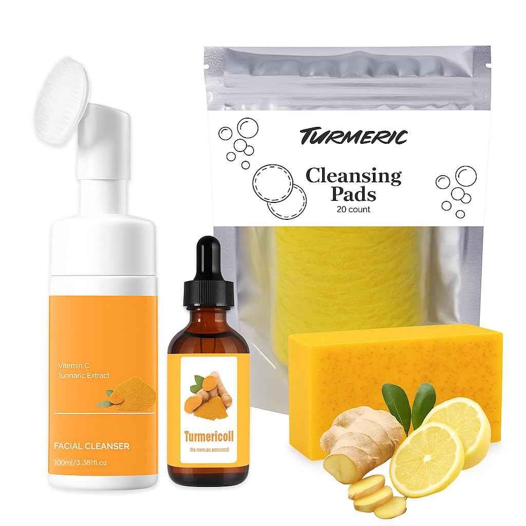 Turmeric Wash and Care 4-Piece Set – Facial Cleanser with Brush, Soap Bars , Soft Face Cleansing Pads and Turmeric Oil – Turmeric Face Wash Kit, Turmeric Skincare Set