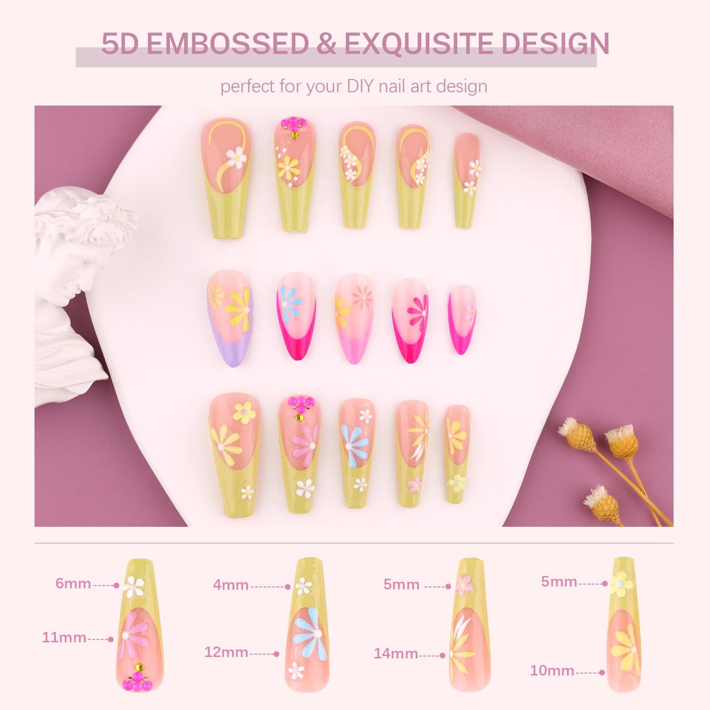 5 Sheets 5D Flower Nail Art Stickers with Tweezer Embossed Daisy Butterfly Colorful Nail Decals Self Adhesive Floral 3D Nail Supplies for French Tips Nail Design Women Girl Manicure Pegatinas Uñas