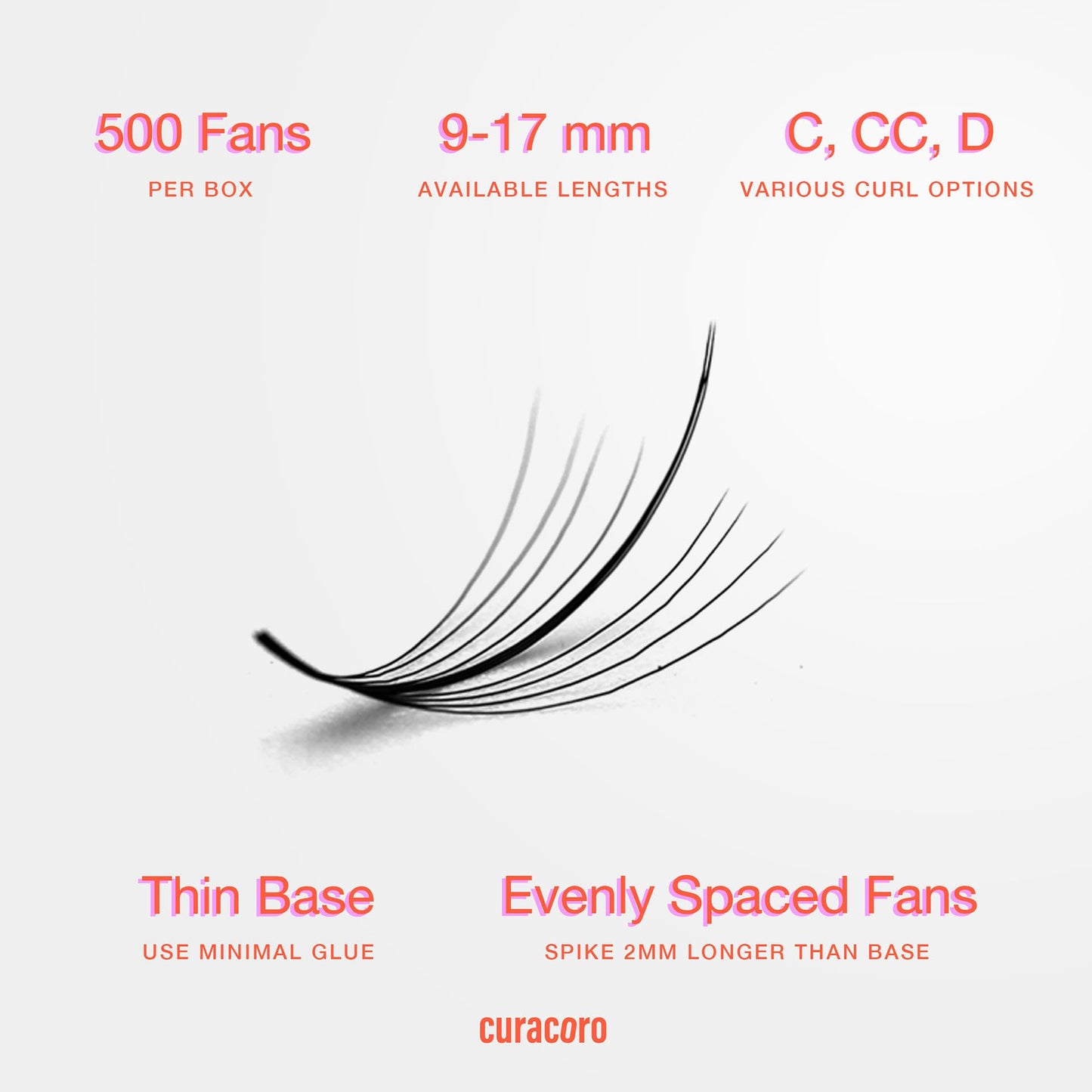 Curacoro Promade Wispy 500 Fans - Wispy Lash Extensions 9D 0.05, Handmade Volume Promade Eyelashes Fans, C CC D Curls, 9-17mm Length, Professional Long-Lasting Promade Lash Fans (9D 0.05 CC 10 mm)