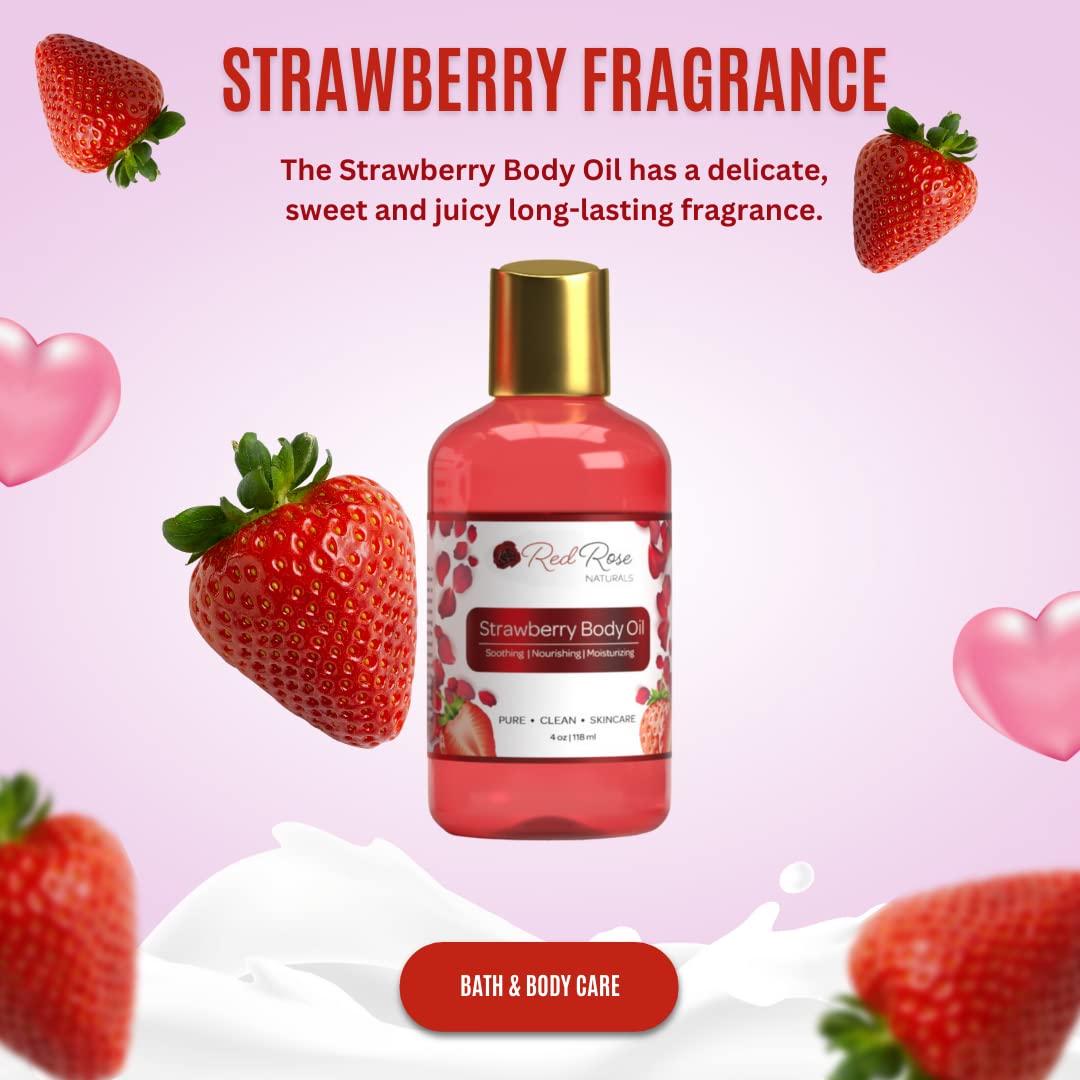 Red Rose Naturals Strawberry Body Oil, Natural Body Oil For Women, Shower and Bath Perfume, Hydrating & Deep Moisturizing, Reduce Dry Skin, Long Lasting Fragrance, Vegan - 4 fl. oz