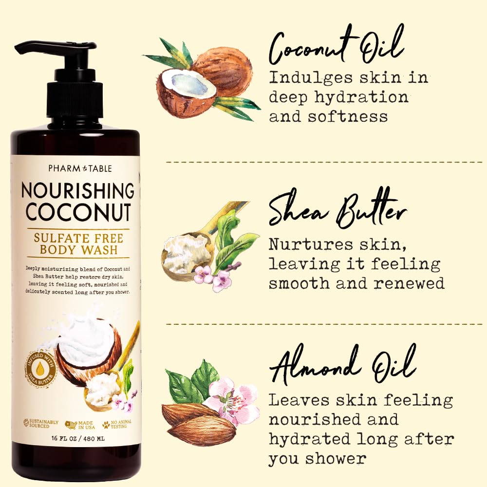 PHARM TO TABLE Nourishing Coconut Body Wash for Women and Men Softens and Soothes the Skin, Sulfate Free, 100% Cruelty Free, 480ml