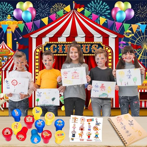 36PCS Carnival Party Favors - 24PCS Temporary Tattoos & 12PCS Stamps - Ideal Circus Clown Themed Birthday Card Decorations Supplies Goodie Bag Cute Rewards for Boys Girls Classroom Gifts Prizes