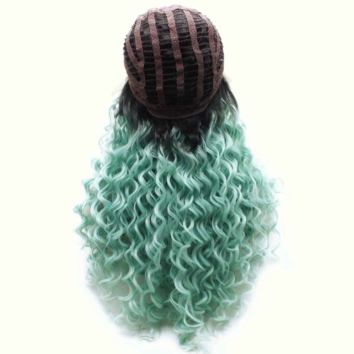 MX angel Long Curly Heat Resistant Synthetic Lace Front Wig (dark root blue)