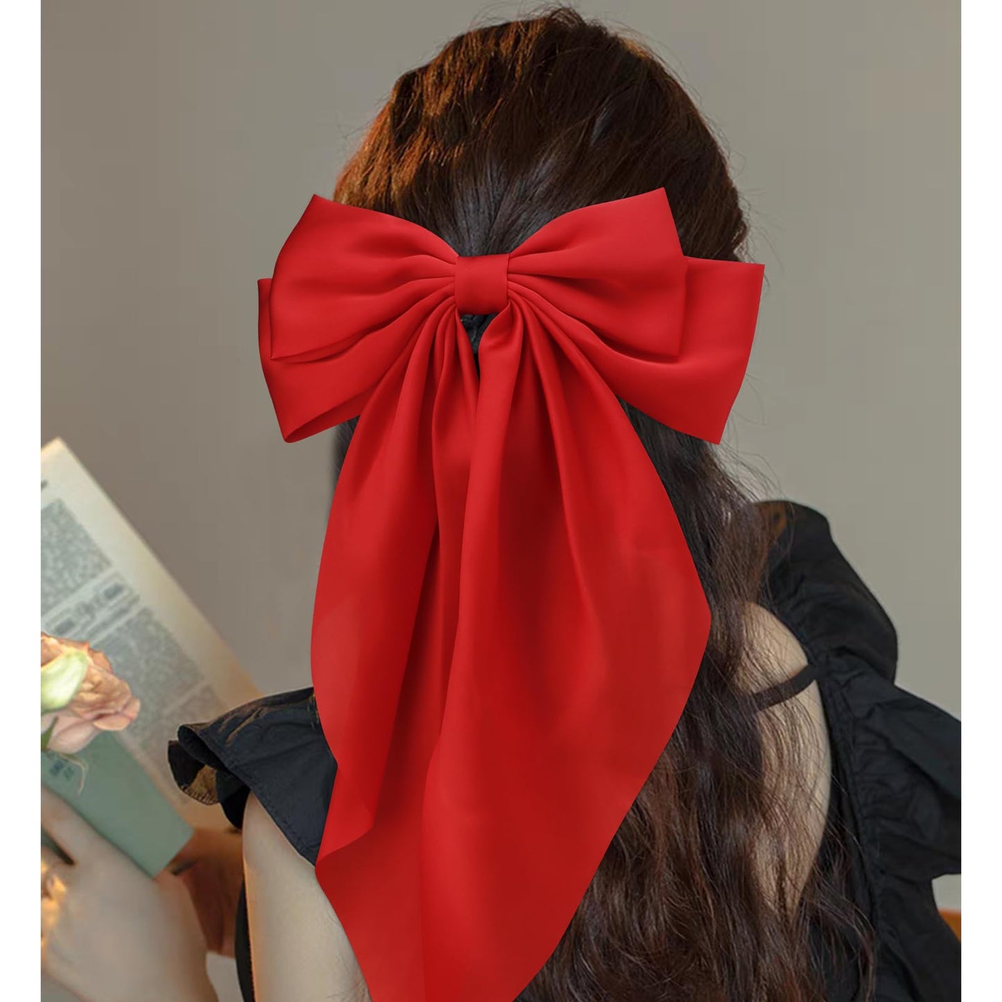 Velscrun 3Pcs Women's Hair Accessories: Large Satin Bows and Barrettes in Red, Blue, and Green - Perfect Gift