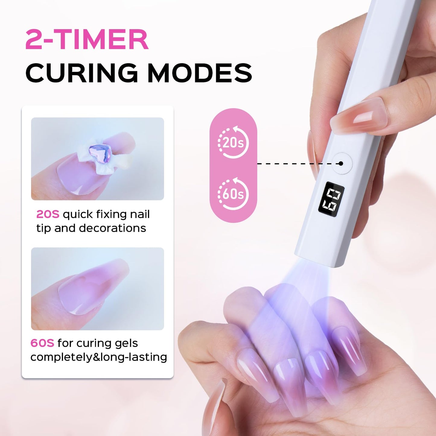 Hoonyn Handheld UV Light for Gel Nails, 5W LED Nail Lamp, Portable Mini Nail Dryer with Stand & LCD Screen, Nail Lamp for Fast Curing (White)