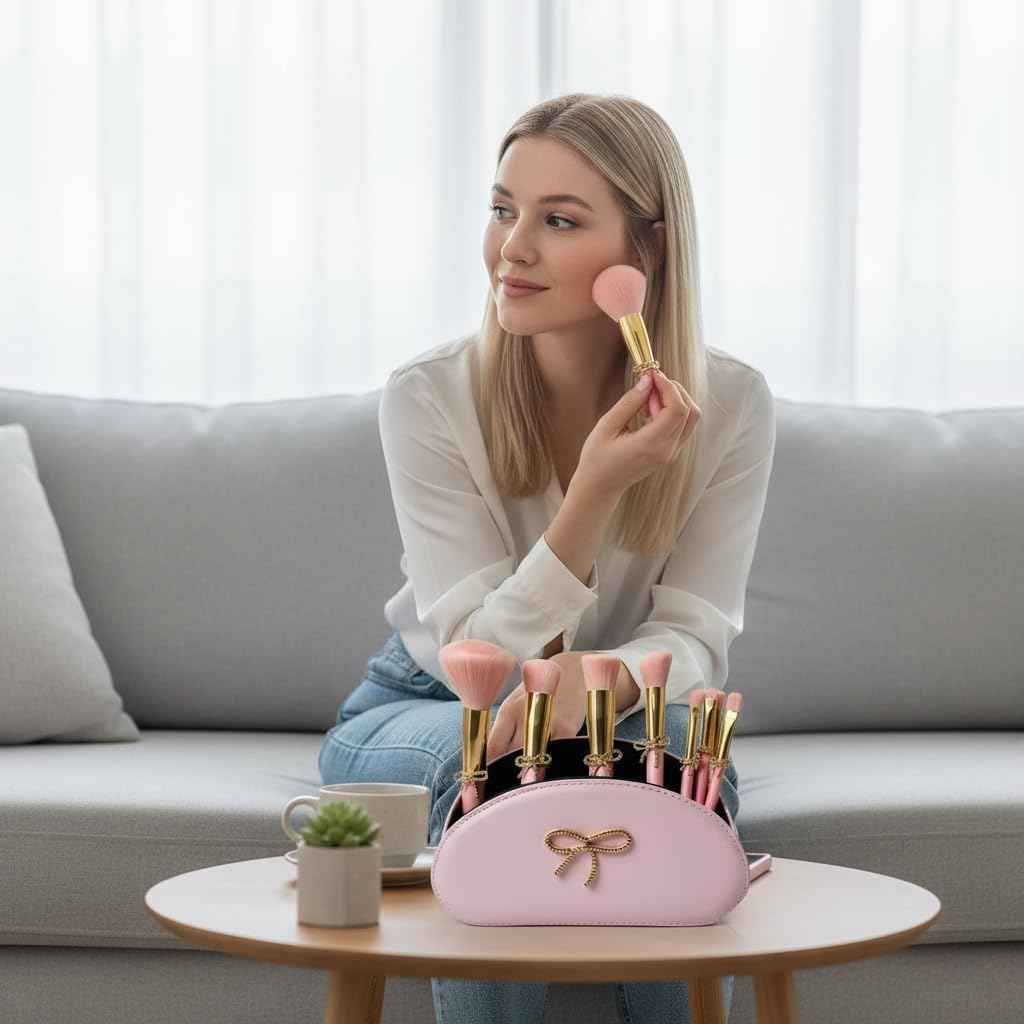 LUXAPE Bow Makeup Brush Set – 9-Piece - Pink bow makeup bag Coquette with Gold Bow & Storage Bag – Beginner Friendly makeup Brushes for Foundation, Contour & More