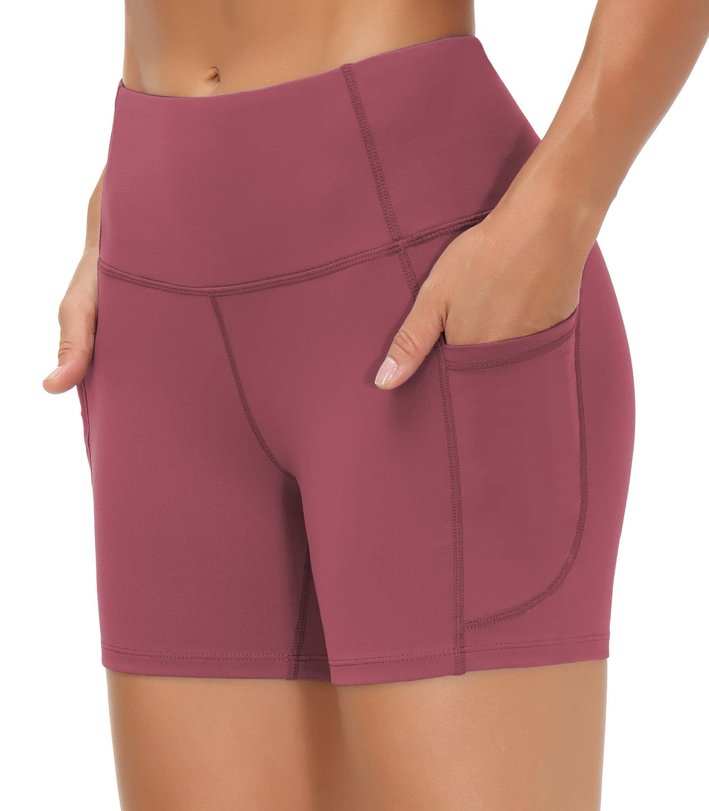 THE GYM PEOPLE High Waist Yoga Shorts for Women's Tummy Control Fitness Athletic Workout Running Shorts with Deep Pockets (Small, Rose Red)