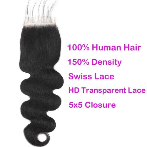 5x5 HD Transparent Skinlike Lace Closure 5x5 Human Hair Body Wave Brazilian Lace Closure 14inch 12A Raw Virgin Free Part Closure Ultra-thin 100% Real Human Hair Pre Plucked Closure Natural Black
