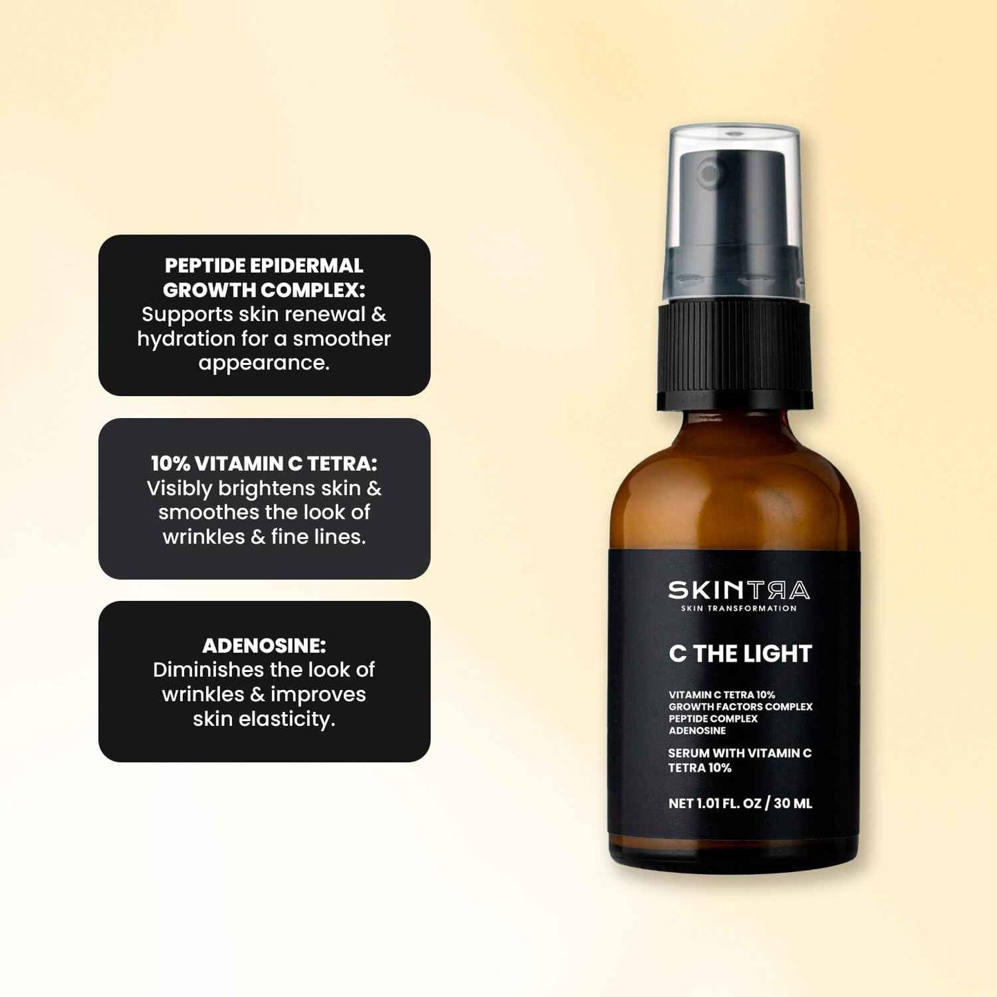 SkinTra - C The Light - 10% Stable Vitamin C Serum for Face, Neck, and Hands, Brightens & Firms Skin – Safe Vegan Formula Suitable for Sensitive Skin – 30 ml/Net 1.01 Fl. Oz