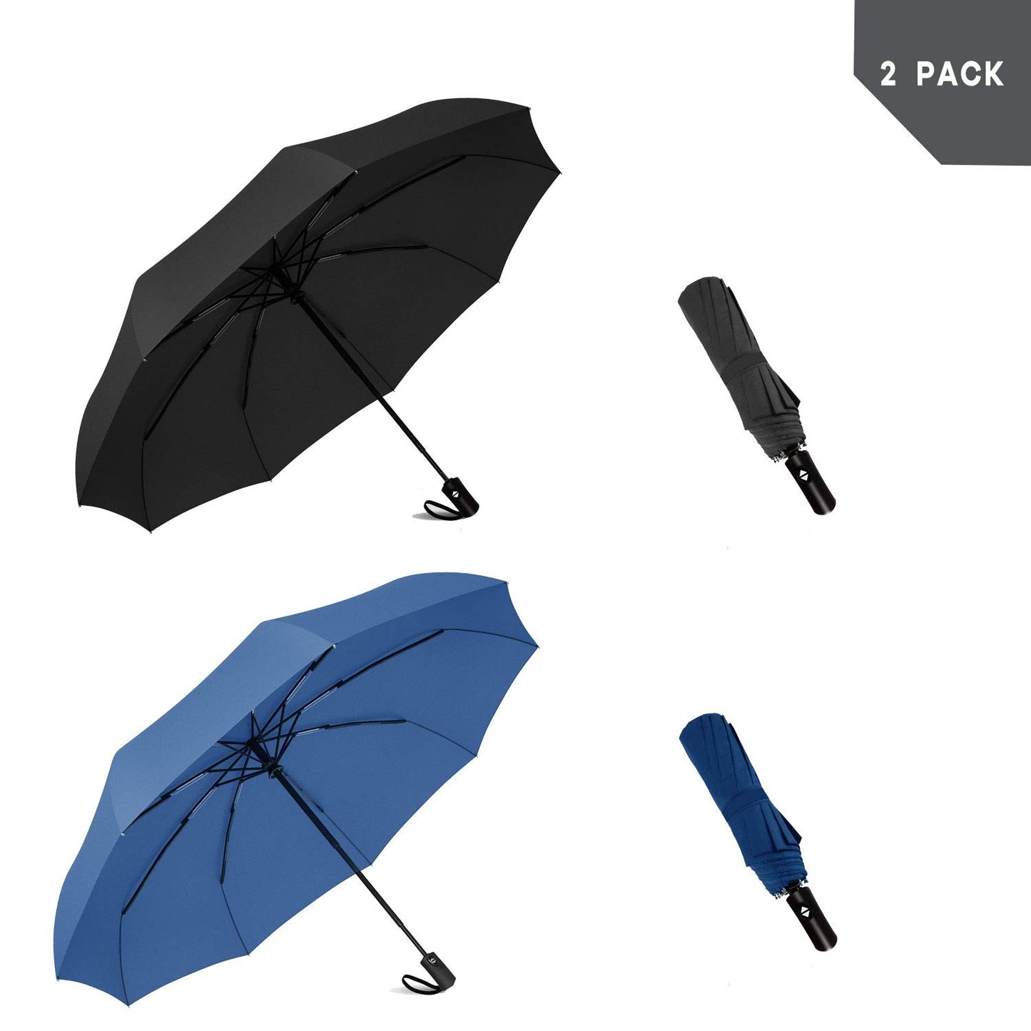 SIEPASA Two PackThe Original Portable Travel Umbrella - Umbrellas for Rain Windproof, Strong Compact Umbrella for Wind and Rain, Perfect Car Umbrella, Golf Umbrella, Backpack, and On-the-Go.(Black &