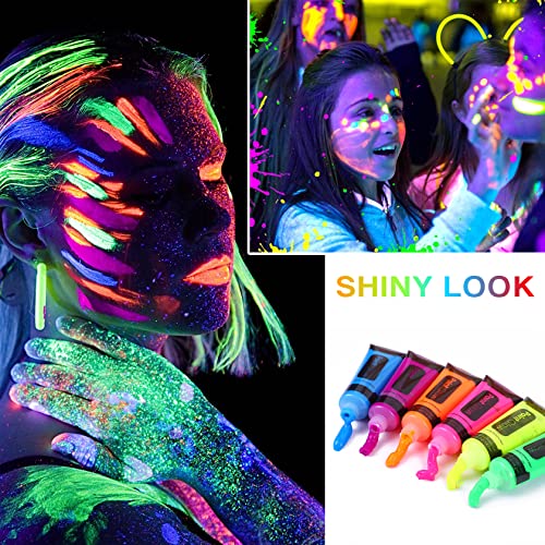 Glow in the Dark Face Body Paint,Washable Neon Face Body Paint,Black Light Face Makeup for Party Halloween Christmas Cosplay Masquerade Etc 0.48oz Set of 6 Tubes(6 colors)