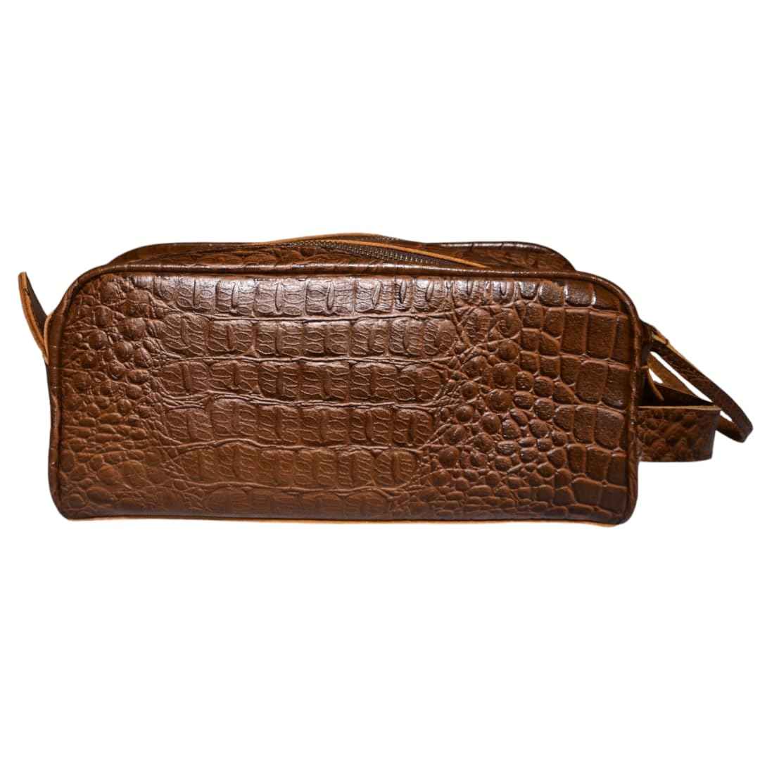 Premium Buffalo Leather Unisex Toiletry Bag Travel Kit (King Size )Shaving kit Accessories :Shaving Brush Case , Razor Protective Travel Case ( Combo of 4 Items) (Crocodile Print) (Croco Tan)