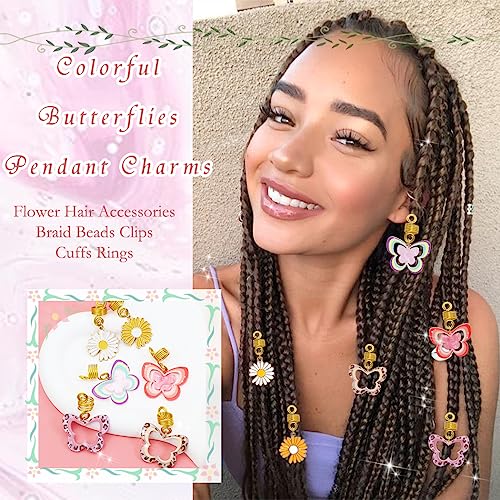 NAISKA Colorful Butterfly Jewelry for Hair Braid Clips Daisy Braid Dreadlocks Charms Accessories Spring Braid Pendant Hair Cuffs Loc Braid Hair Jewelry for Women and Girls (6PCS)