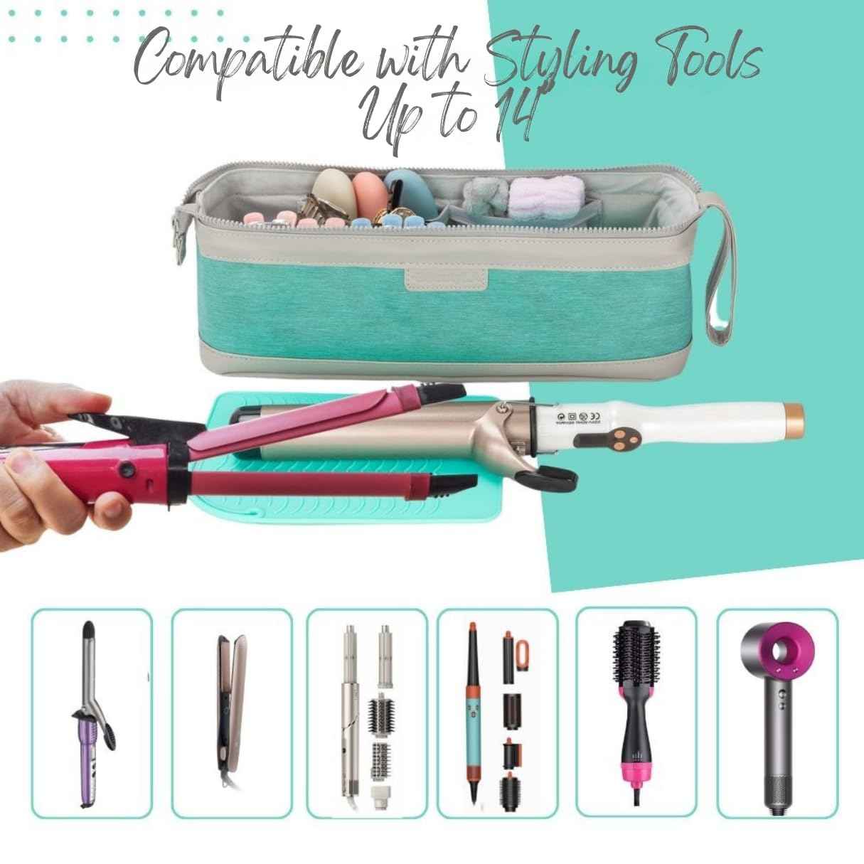 ‍Hair Tool Travel Bag with Heat Resistant Mat – Travel Case for Curling Iron, Straightener, Dy son Air wrap, Shark FlexStyle – Waterproof Organizer with Silicone Bottles