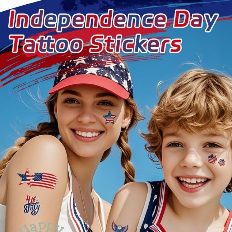 4th of July Tattoo Stickers - Patriotic Flag Design 12pc Set