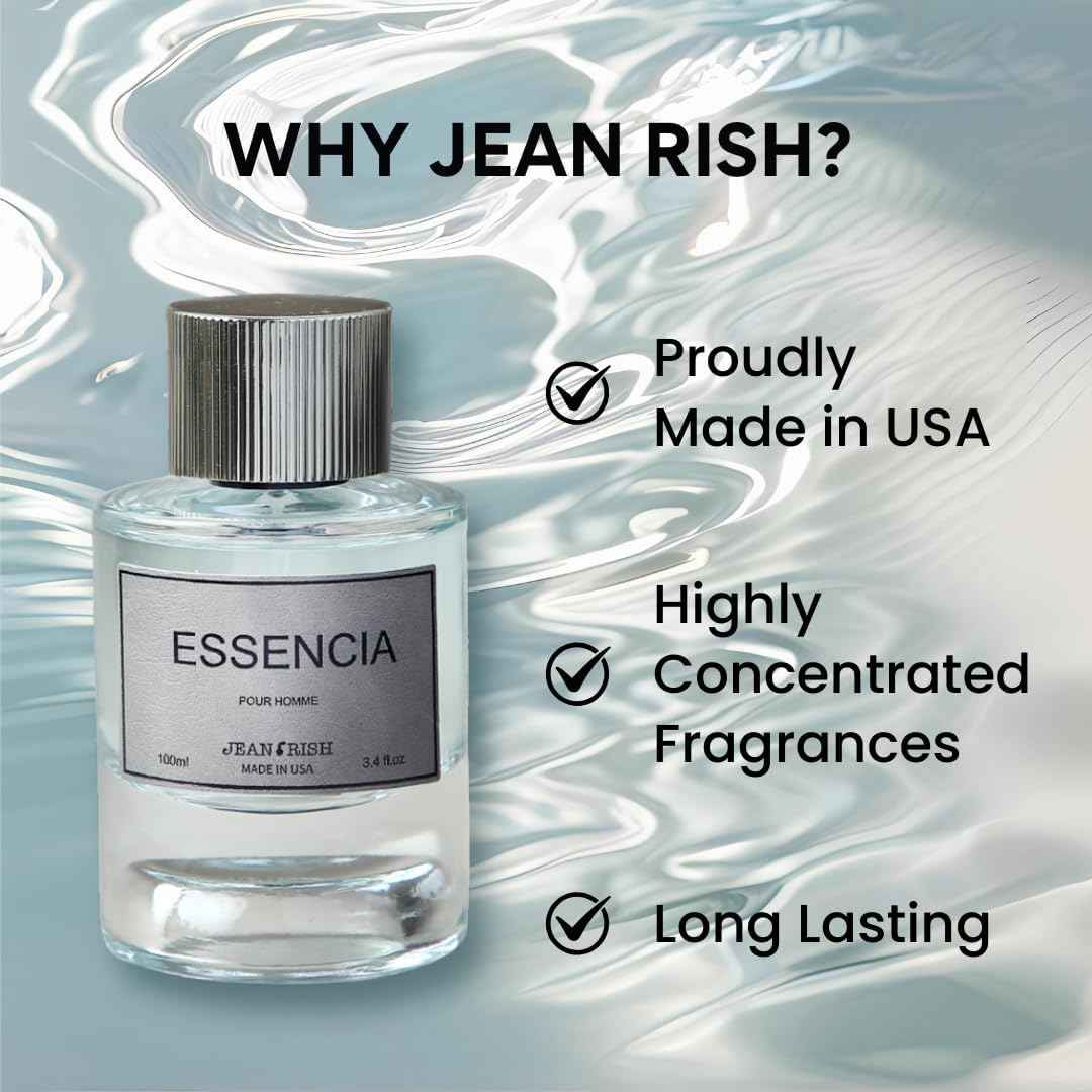 Jean Rish Essencia Pour Homme Eau De Parfum for Men (3.4 Fl Oz / 100ml) with Mint, Lemon & Vanilla Notes - Long Lasting and Luxury Fragrance, Made in USA