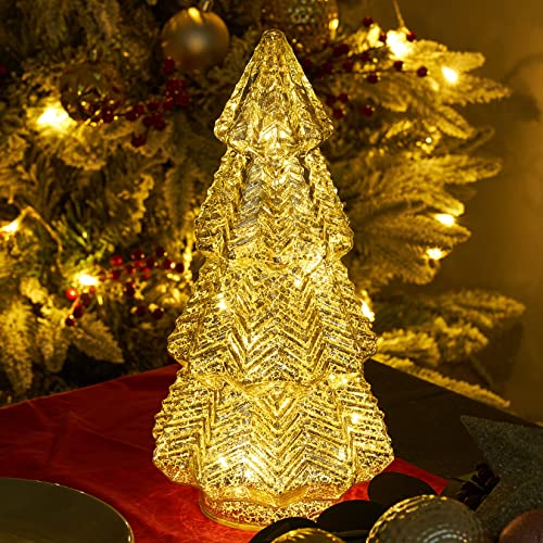 Lamris Tabletop Christmas Tree Timer Lighted 12 Inches Silver Mercury Glass Xmas Trees Decorations Table Centerpiece Mantel Window Home Decor