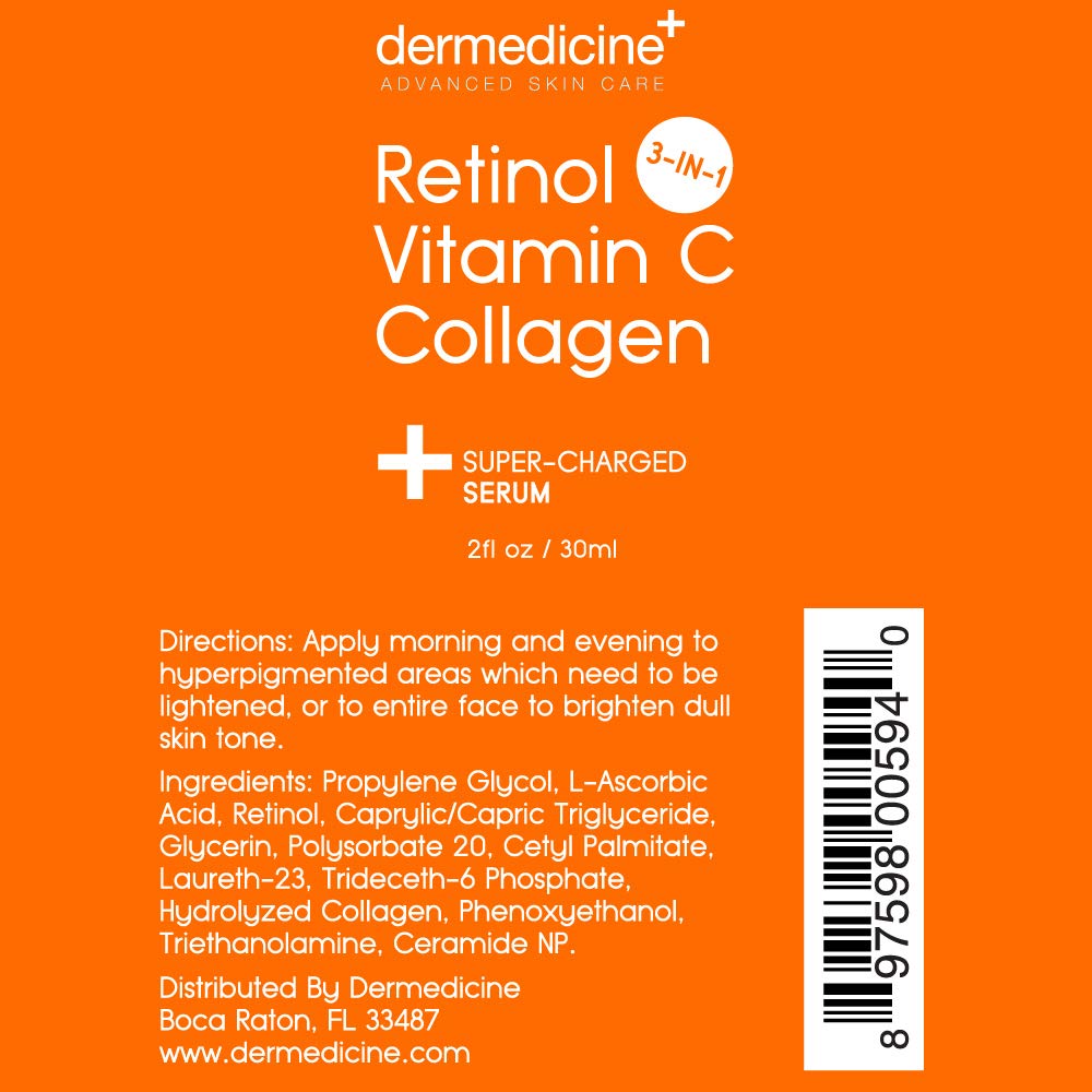 Retinol Vitamin C Collagen | Super Charged Anti-Aging Serum for Face | Pharmaceutical Grade Quality | Helps Smooth & Plump Fine Lines & Wrinkles & Brightens for Younger Skin | 2 fl oz / 60 ml