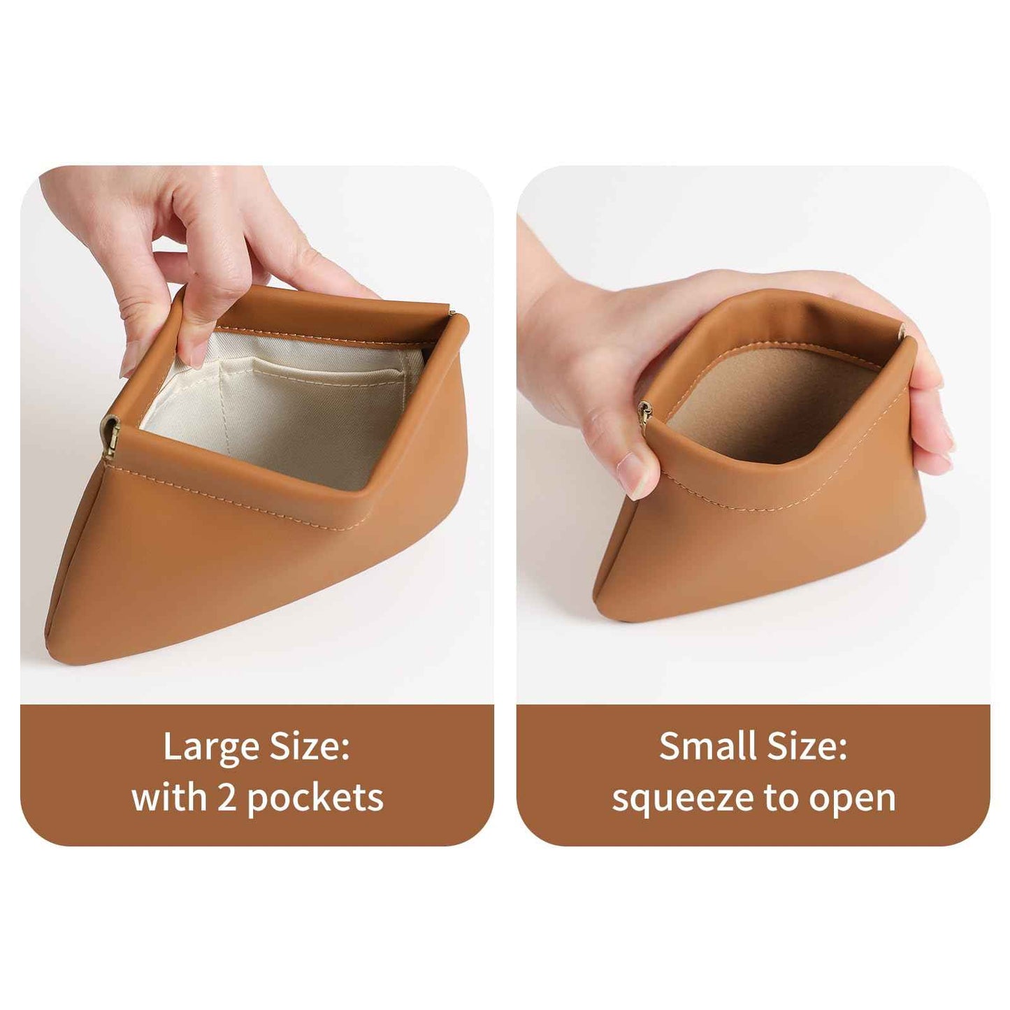 MEIBOOCH 2 Pack Small Makeup Bag for Women, New Organosilicon Super Fiber Leather Mini Cosmetic Bag for Travel, Coin Purse Organizer Storage Pouch (Brown)