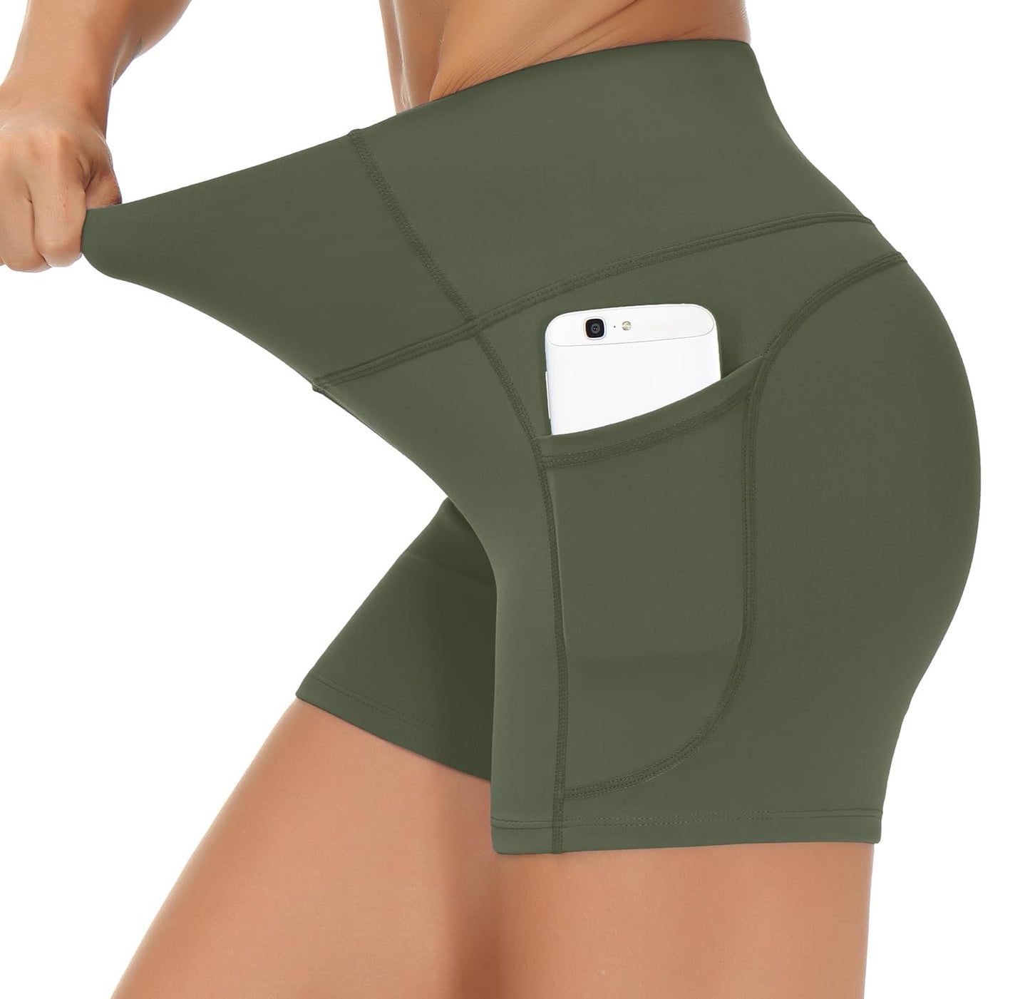 THE GYM PEOPLE High Waist Yoga Shorts for Women's Tummy Control Fitness Athletic Workout Running Shorts with Deep Pockets Bean Green