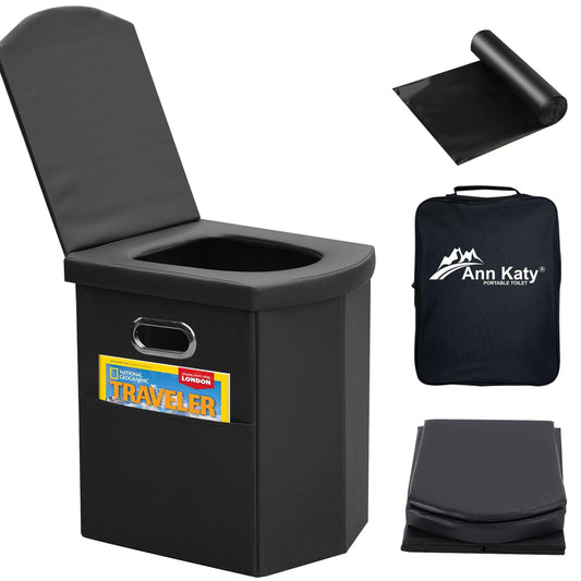 Ann Katy Upgrade XL Portable Toilet for Adults, Extra Large Portable Travel Floding Toilet, Camping Tall Toilets with Lid for Adults and Kids Compact Potty for Car,Hiking,Beach -Leather,Density board