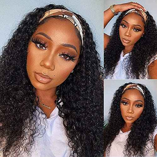 WENYAN Headband Wig Human Hair Deep Wave 18 Inch Wigs for Black Women Glueless None Lace Front Curly Wave Wig Brazilian Virgin Hair Wear and Go Wigs Machine Made 150% Density Natural Color