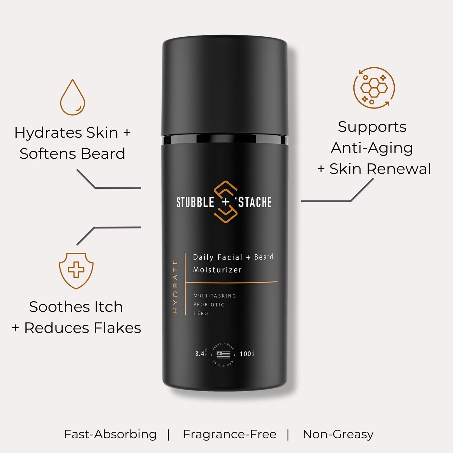 stubble & stache Beard & Face Moisturizer for Men - Hydrating Lotion with Hyaluronic Acid, Niacinamide, Argan Oil, Aloe Vera, Jojoba Oil, & Vitamin A for Dry Skin & Beard Conditioning - 3.4 fl oz