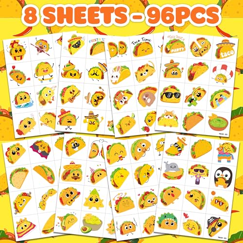 96 PCS Taco Temporary Tattoos for Kids - Mexican Fiesta Party Favors