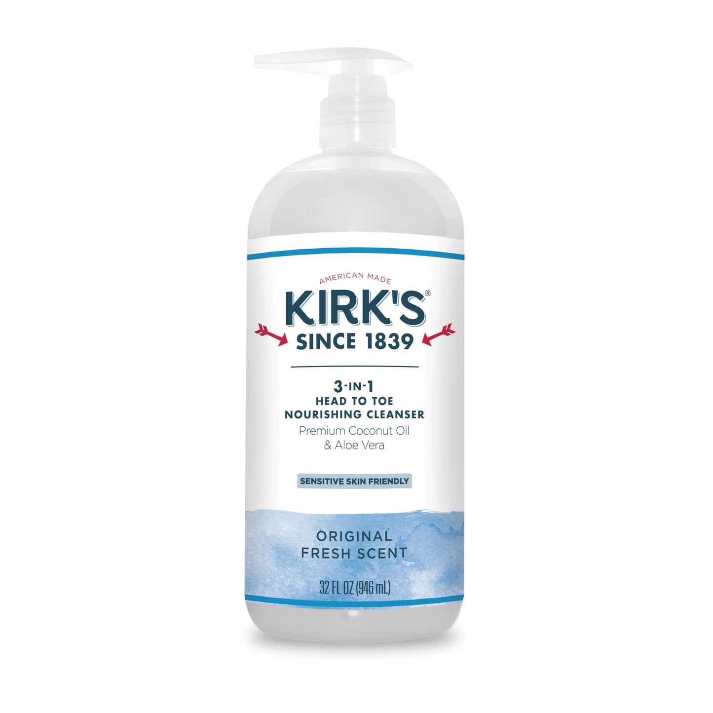 Kirk's 3-in-1 Head to Toe Nourishing Liquid Cleanser- for Men, Women & Children - Premium Coconut Oil & Aloe Vera- Non GMO & Vegan -Original Fresh Scent - 32 Fl Oz