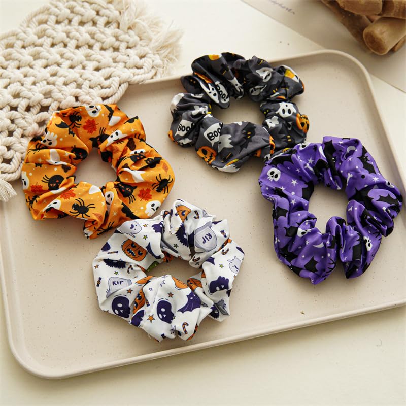 4 Packs Halloween Scrunchies Hair Ties Silk Satin Scrunchy for Hair Halloween Spooky Ghost Pumpkin Spider Bat Print Design Elastic Hair Bands Ponytail Holders Hair Scrunchy for Women Hair Accessories