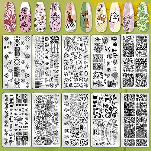 Biutee Nail Stamping Plates 10pcs Templates with Stamper Nail Stamper Nail Art Plates Kits Nail Plates Template Plates Leaves Flowers Animal Holiday Design