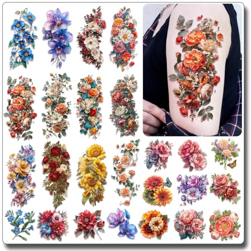 3D Flower Sleeve Temporary Tattoos for Women - 25 Sheets Realistic Flower Fake Tattoos for Arm Leg Body/Long Last/Waterproof