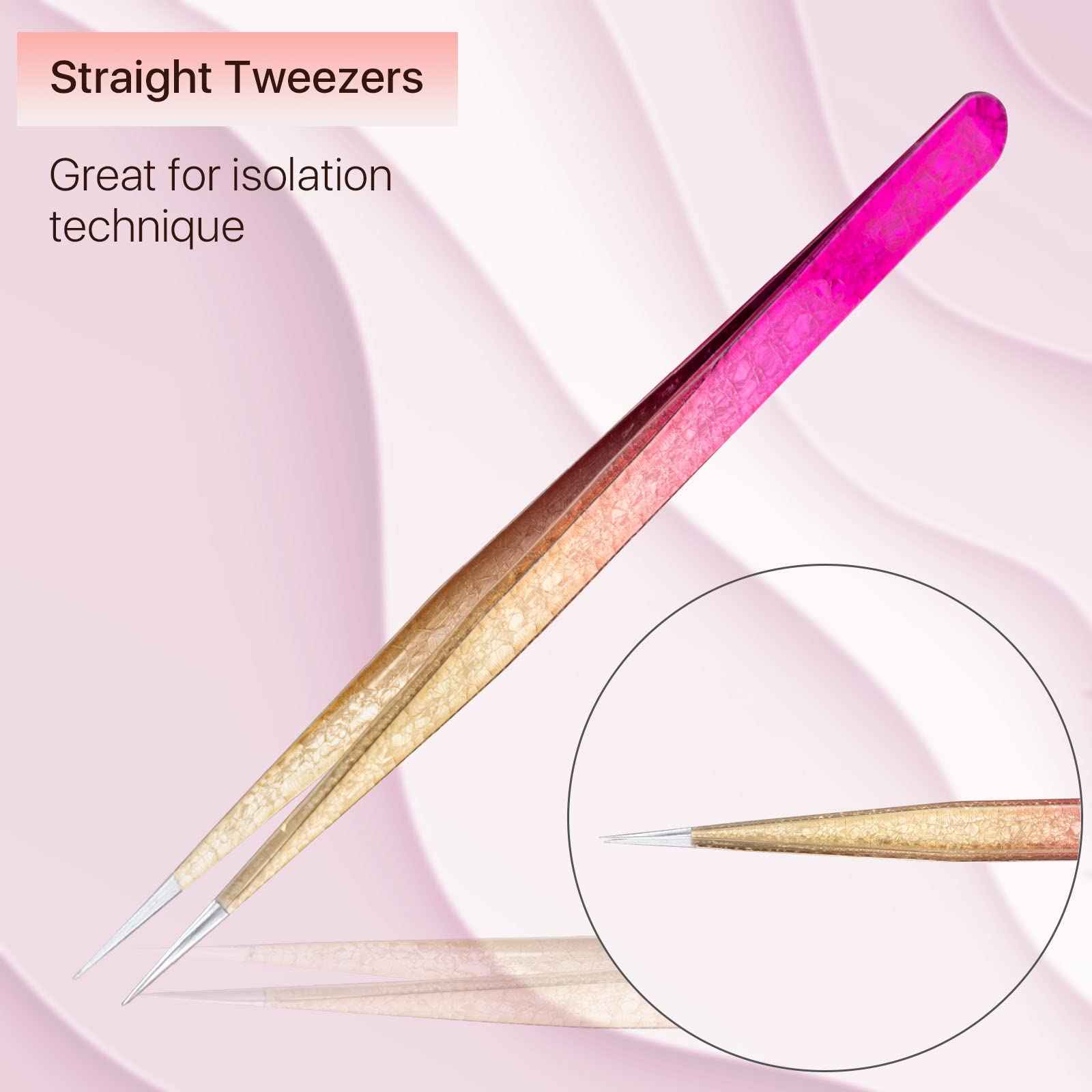 Miuffue Straight Eyelash Extension Tweezers Gold Pink Gradient Ice Crack Precision Lash Extension Isolation Tweezers for Grafting Eyelash extension