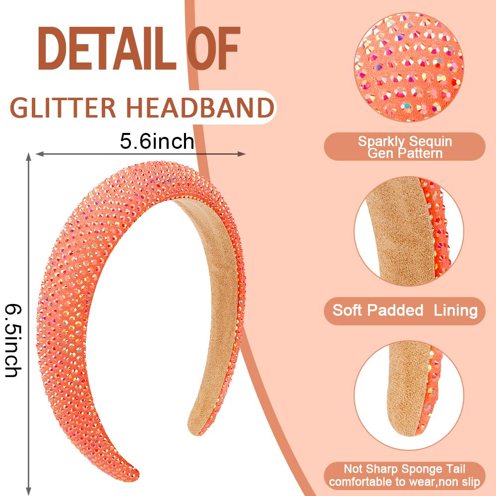 AHONEY Glitter Headbands Rhinestone Headband for Women Girls Padded Embellished Head Band Bling Sparkly Wide Headpieces Disco Headband Birthday Party Hair Accessories (Orange)