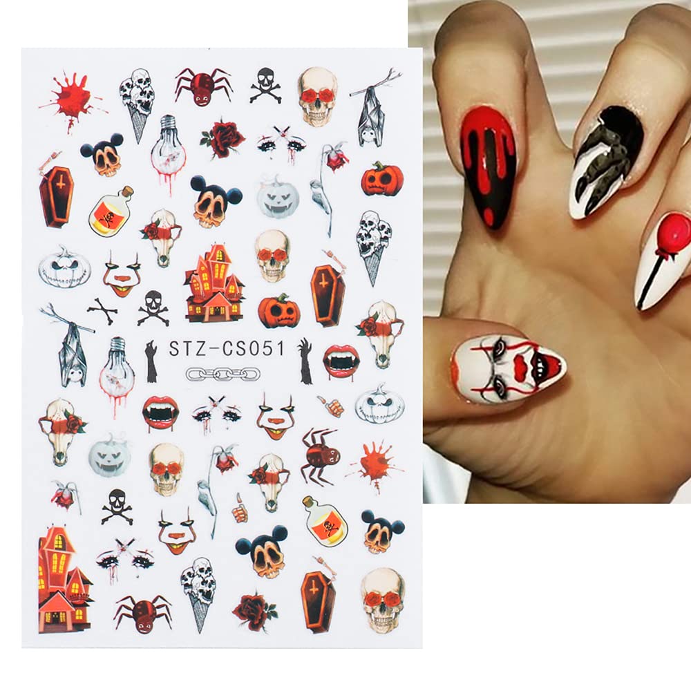 Autumn & Halloween Nail Stickers, 9 Sheets Skull Nail Decals 3D Self-Adhesive Fall Leaves Pumpkin Bat Ghost Spider Web Skeleton Pattern Nail Art Design for Thanksgiving Halloween Party