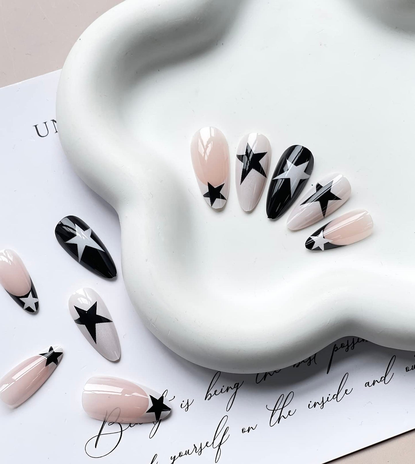 Press on Nails Medium Almond French Tip Fake Nails Full Cover False Nails with Black and White Stars Designs Y2K Press on Nails Glossy Glue on Nails Artificial Acrylic Nails for Women Girls 24 pcs