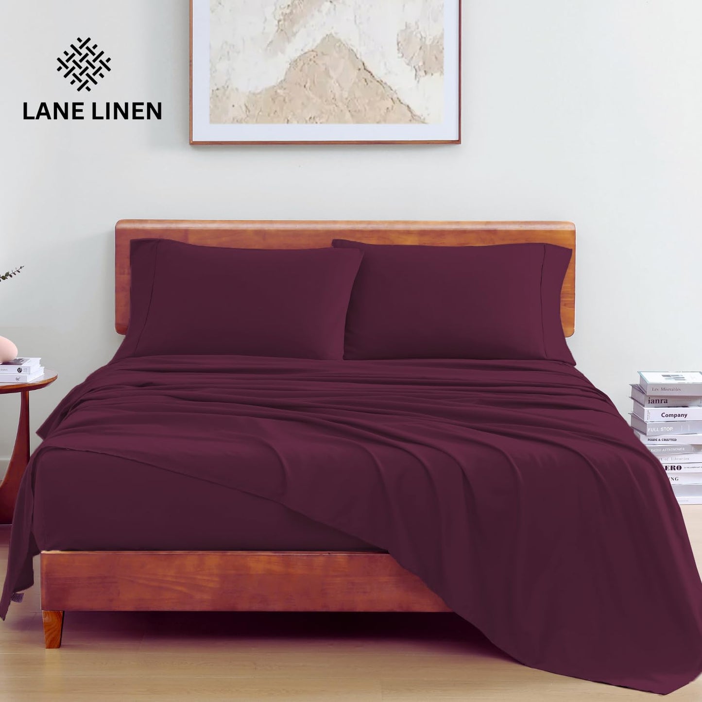 Lane Linen 100% Organic Cotton Twin Bed Sheet Set, 3 Pc Twin Size Bed Sheets, Soft & Breathable Twin Sheet Set Boys, Hotel Style Bedding Sheets & Pillowcases, 15" Deep Twin Fitted Sheet - Windsor Wine