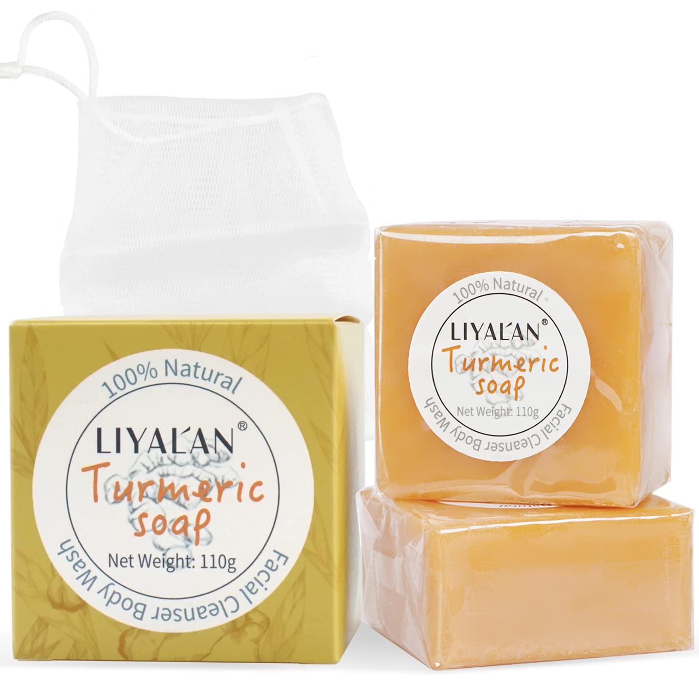 LIYALAN Turmeric Soap Bar(3.88 oz / 2 Bars) for Face & Body-Tumeric Soap,Smooth Skin,Cleansing Natural Handmade Soap Sensitive Skin Formula, Vegan Soap