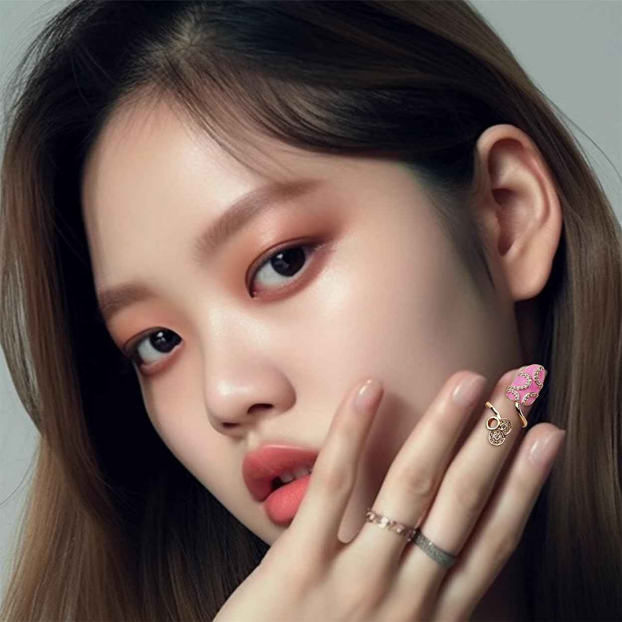 Jean Beau Pink Finger Nail Ring for Women Teen Art Round Rhinestones CZ Finger Cap Cover Tip Rings Gold Metal Nail Decoration Nail Protect Fashion Jewelry Gift