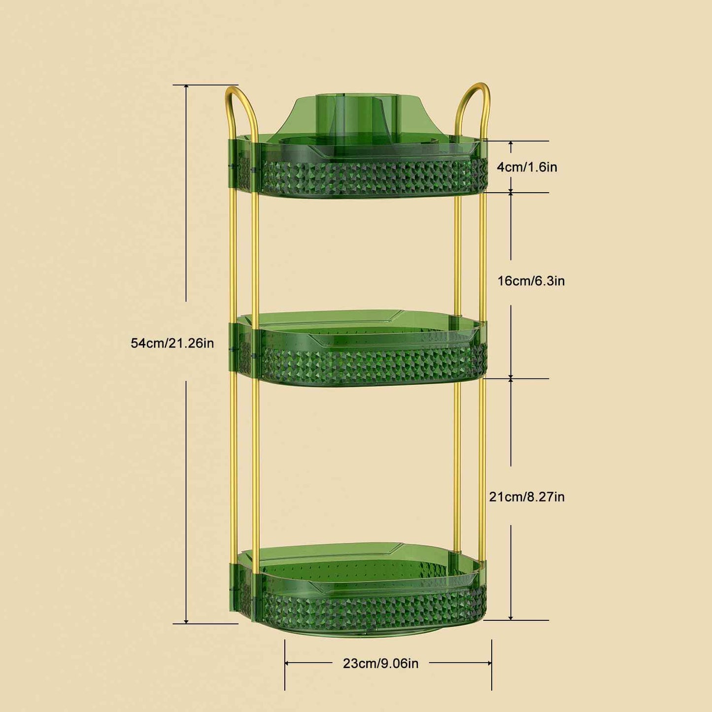 BOCONY Rotating Makeup Organizer for Vanity 3 Tier, Perfume Organizer with Makeup Brush Holder, Large Capacity Cosmetics Clear Skincare Organizer for Countertop (Green)